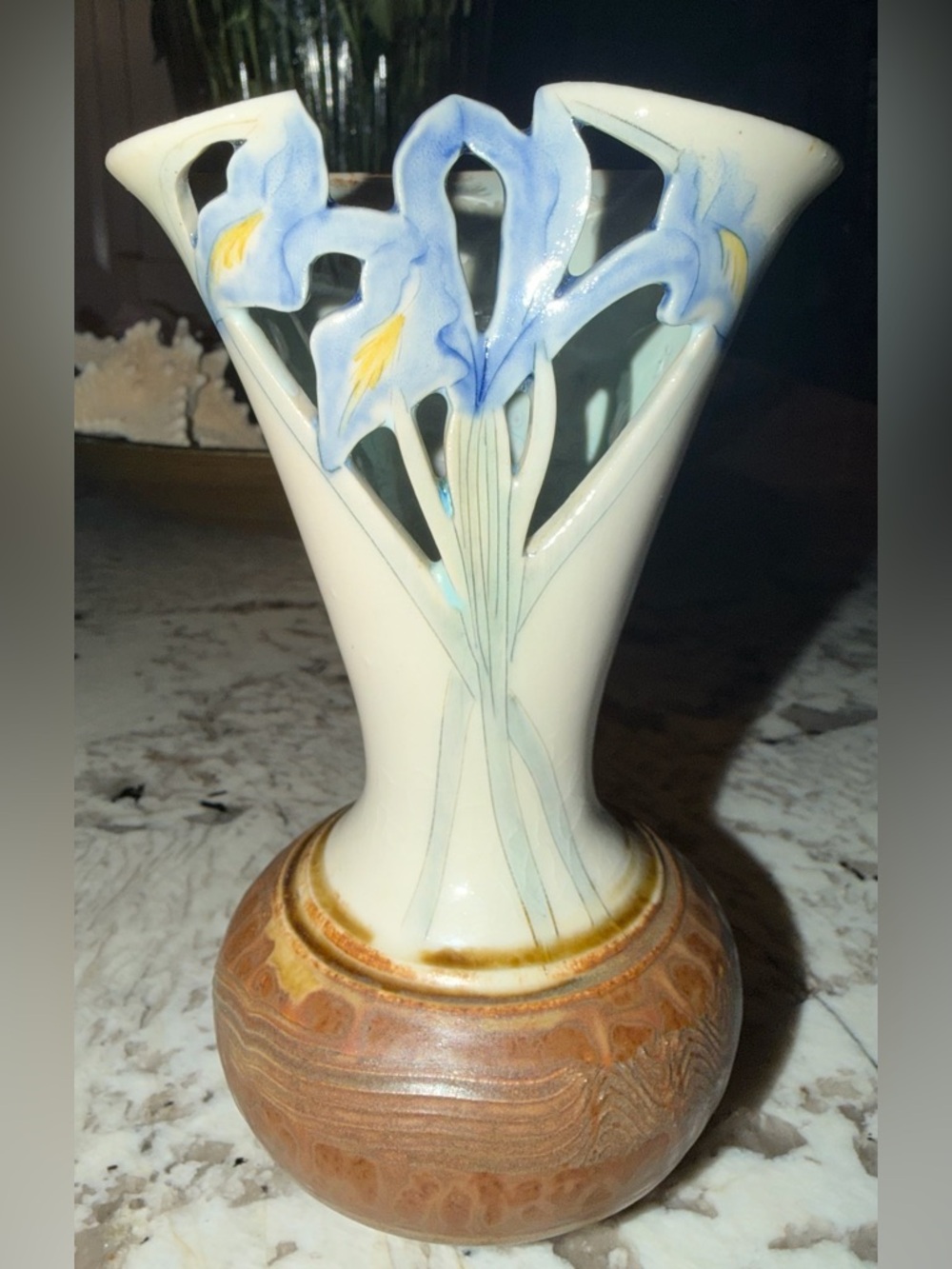 Vintage Robert Finn Art Pottery - Cutout Iris Vase - Crystalline Interior - 5.5"